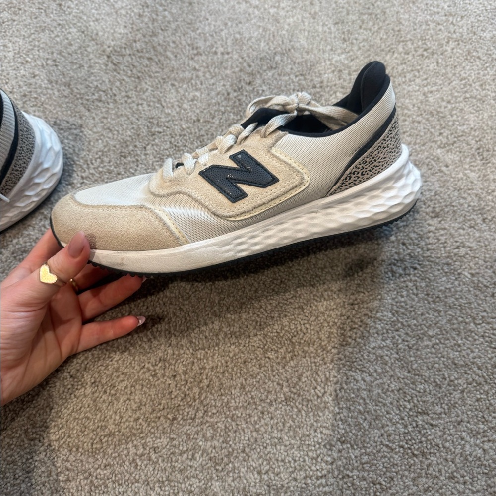 New Balance tan and black X-70 with cheetah print